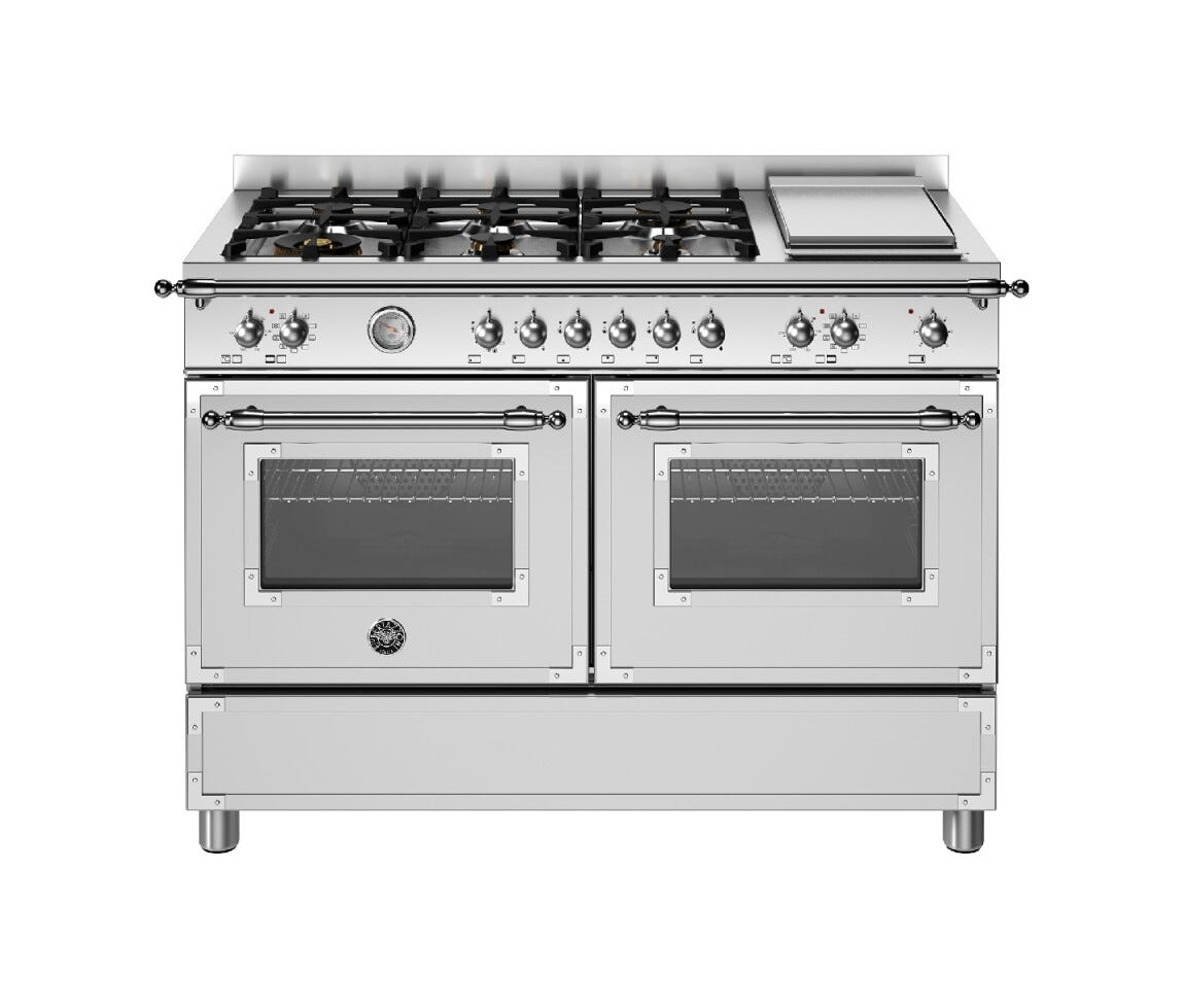Bertazzoni HER126G2EXT Heritage Cucina da accosto cm. 120 - 6 fuochi gas + 1 piastra elettrica + 2 forni elettrici - scaldavivande - inox