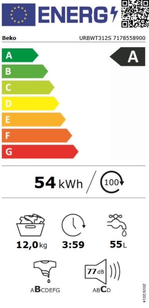 Beko URBWT312S b300 Lavatrice cm. 60 - capacità 12 kg - bianco