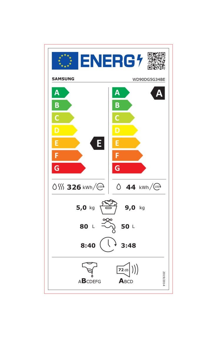 Samsung WD90DG5G34BEET Crystal Clean Lavasciuga slim cm. 60 - lavaggio 9 kg - asciugatura 5 kg - bianco
