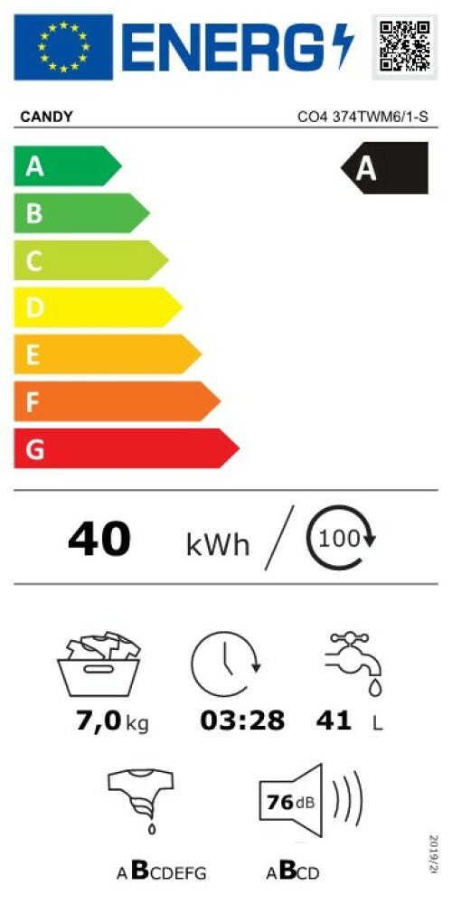 Candy CO4 374TWM6/1-S Smart Pro Inverter Lavatrice cm. 60 - capacità 7 kg - bianco