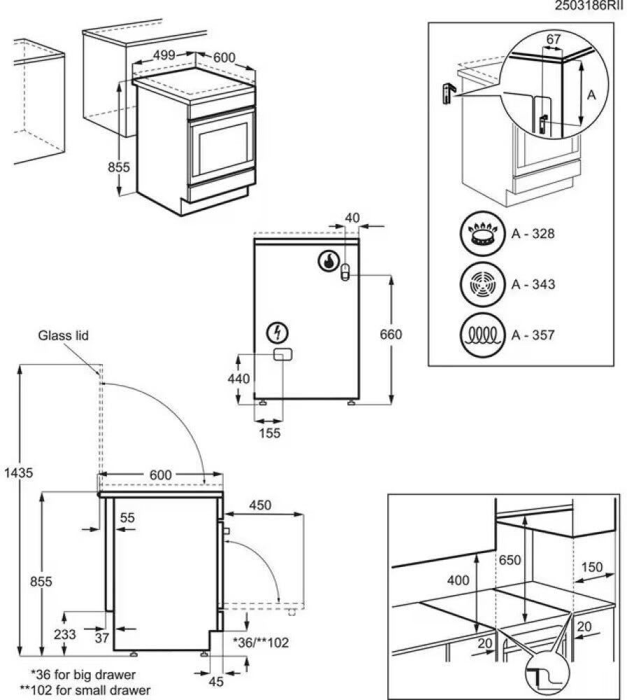 Electrolux LKK560010X Cucina da accosto cm. 50 - 4 fuochi gas + 1 forno elettrico - inox