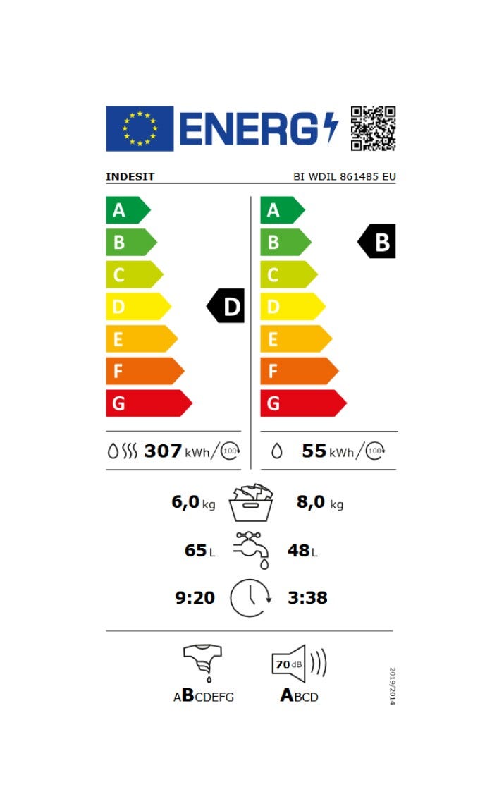 Indesit BI WDIL 861485 EU Lavasciuga integrata totale cm. 60 - lavaggio 8 kg - asciugatura 6 kg - bianco