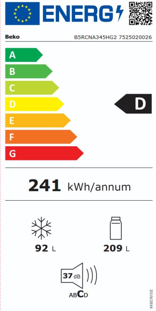Beko B5RCNA345HG2 Frigorifero con congelatore a libera installazione cm. 60 h. 180 - lt. 301 - grigio