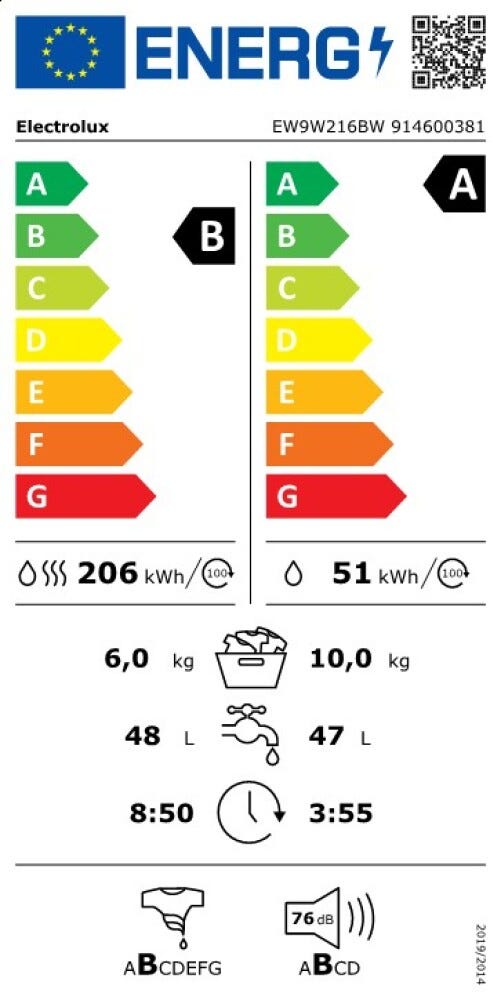 Electrolux EW9W216BW serie 900 DelicateCare Lavasciuga cm.60 - lavaggio 10kg - asciugatura 6kg - bianco