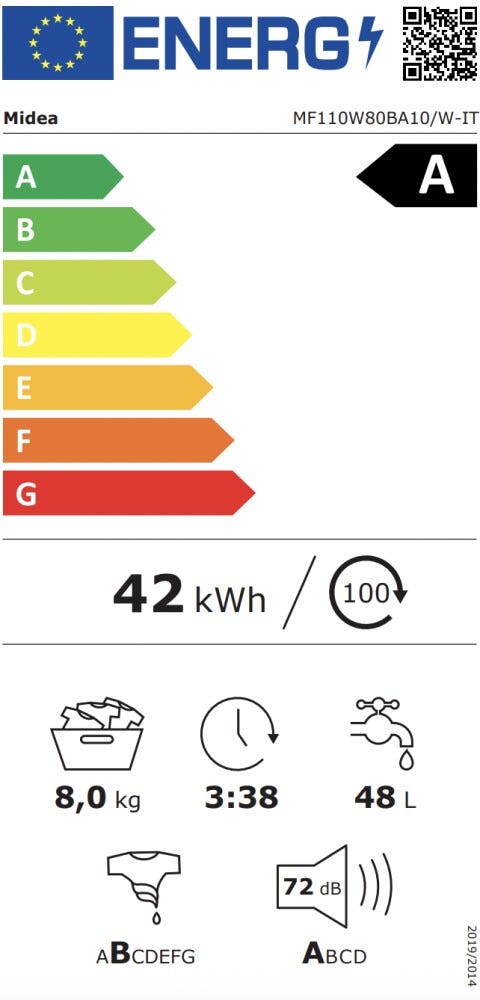 Midea MF110W80BA10/W-IT Lavatrice cm. 60 - capacità 8 kg - bianco