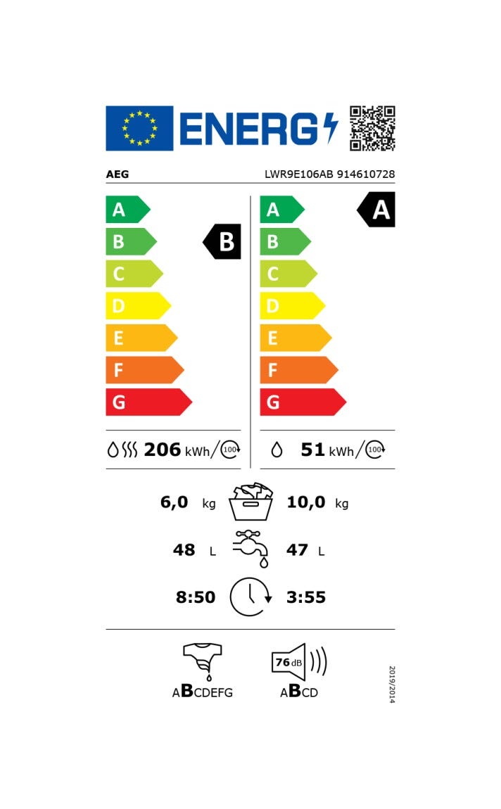 AEG LWR9E106AB Serie 9000 AbsoluteCare Lavasciuga cm. 60 - lavaggio 10 kg - asciugatura 6 kg - bianco