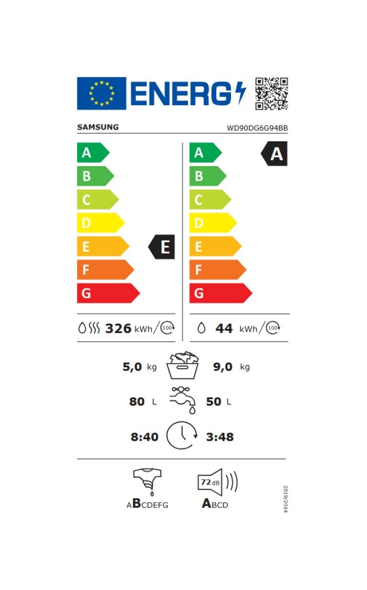 Samsung WD90DG6G94BBU3 AI Control Lavasciuga slim cm. 60 - profondità 48 - lavaggio 9 - asciugatura 5 - nero