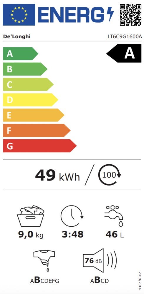 De Longhi LT6C9G1600A Lavatrice da incasso cm. 60 - capacità 9 kg