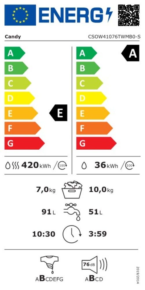 Candy CSOW41076TWMB0-S Smart Pro Inverter Lavasciuga cm. 60 - lavaggio 10 kg - asciugatura 7 kg - bianco