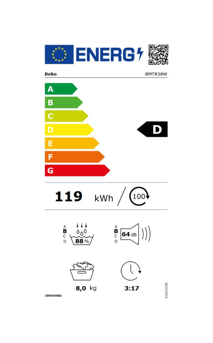 Beko BMTR38W Asciugatrice cm. 60 - capacità - 8 kg - bianco