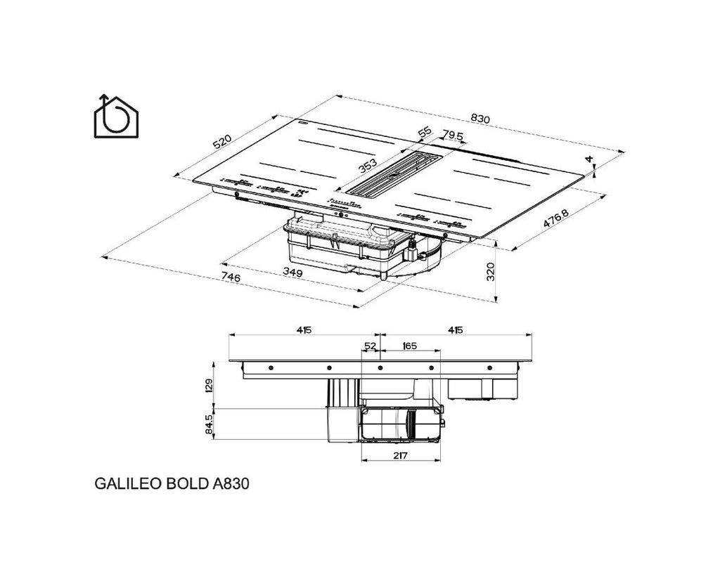 Faber GALILEO BOLD A830 Piano cottura induzione cm. 83 con cappa integrata da 630 m3/h - versione aspirante - vetroceramica nero