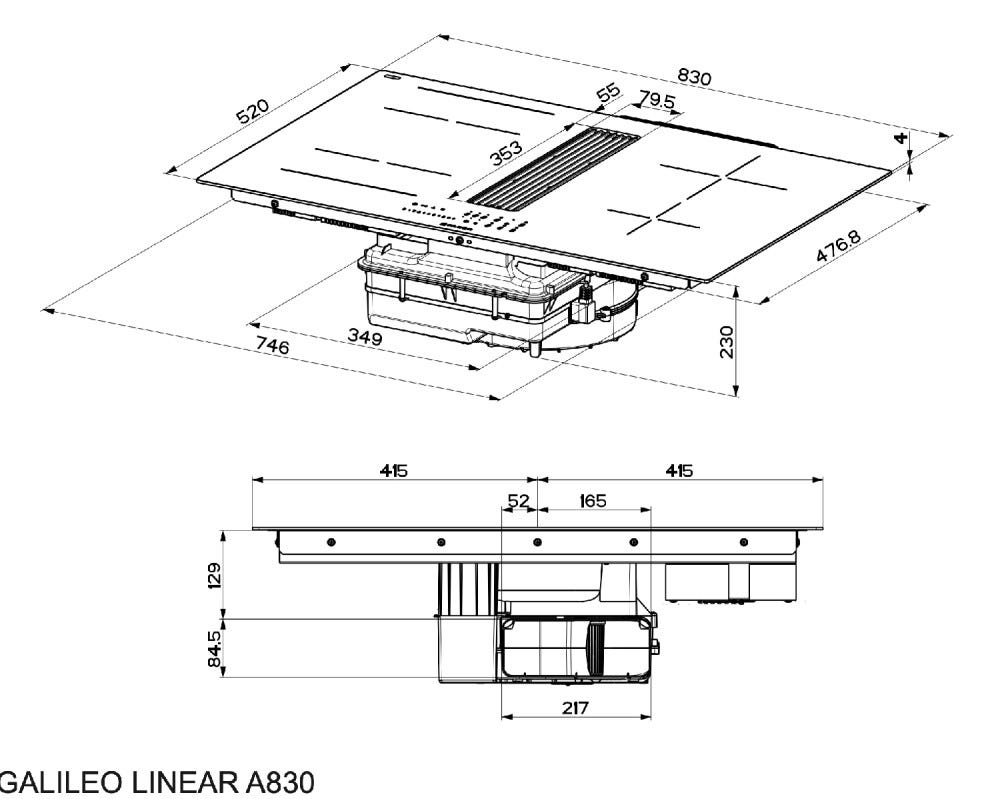 Faber GALILEO LINEAR A830 Piano cottura induzione cm. 83 con cappa integrata da 630 m3/h - versione aspirante - vetroceramica nero