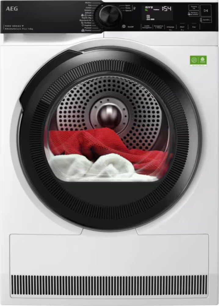 AEG TR9HH8BY Serie 9000 Absolutecare Plus Asciugatrice 8 kg, cm. 60, con tecnologia 3D Scan per un'asciugatura precisa e uniforme di vari capi, bianco, nero