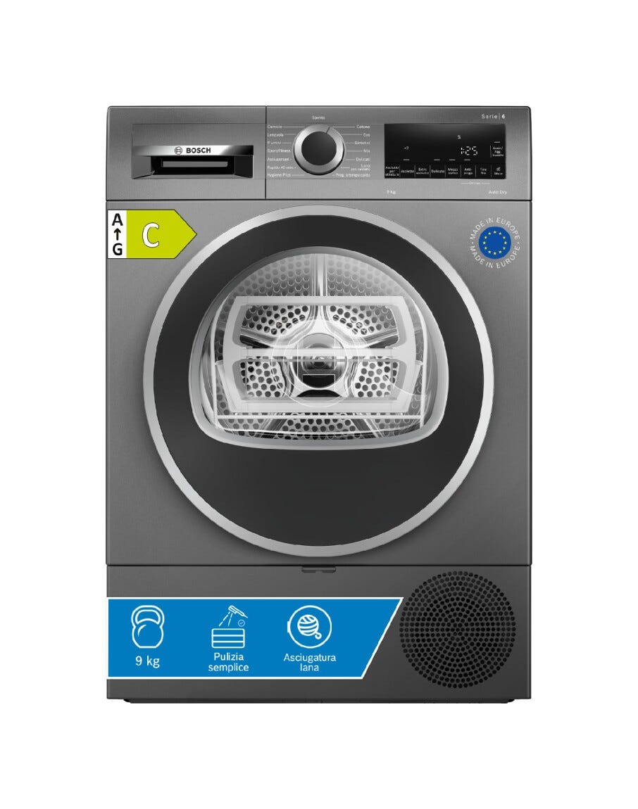 Bosch WQG243DRII Serie 6 Asciugatrice libera installazione a pompa di calore 9 kg, Home Connect, Super40, antracite