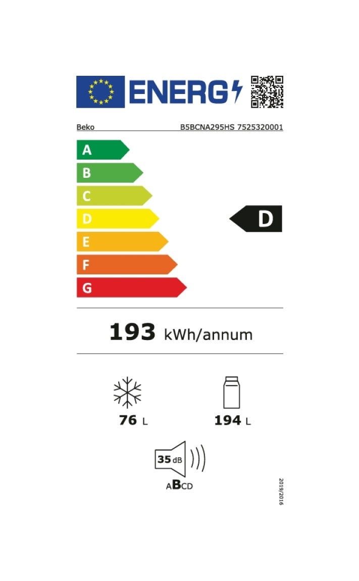 Beko B5BCNA295HS Frigorifero con congelatore da incasso cm. 54 h. 178 - lt. 270