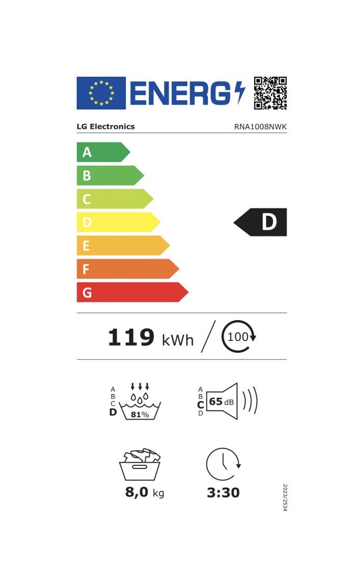 LG RNA1008NWK Serie A1 Classe D Asciugatrice cm. 60 - capacità - 8 kg - bianco