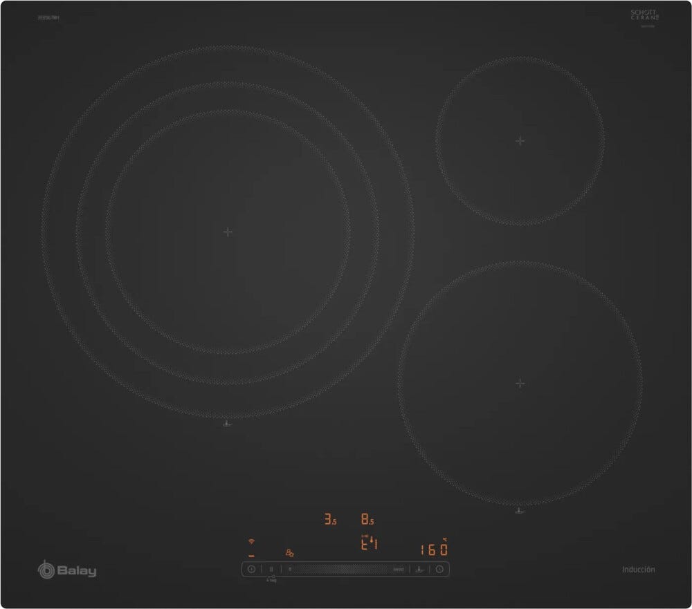 Balay 3EB967MH Piano cottura a induzione, cm. 60, 3 zone con zona extra grande da 32 cm., vetroceramica nero opaco