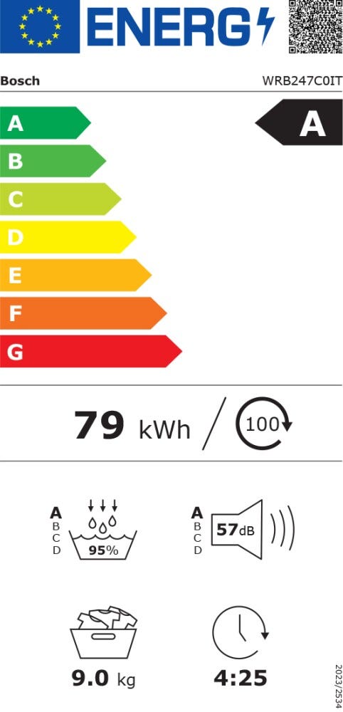 Bosch WRB247C0IT serie 8 Asciugatrice a pompa di calore 9 kg, condensatore autopulente, classe A, Home Connect