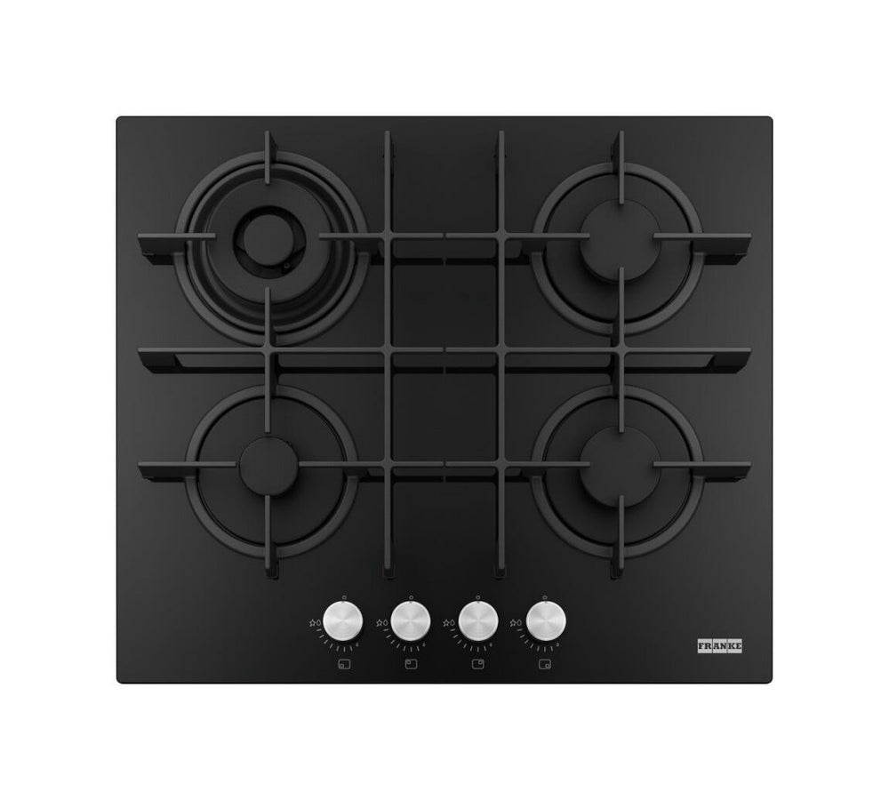 Franke FHMA 604 3G DC BK C Maris Piano cottura a gas in vetro temprato nero, 4 fuochi, 59x51 cm, doppia corona, griglie in ghisa