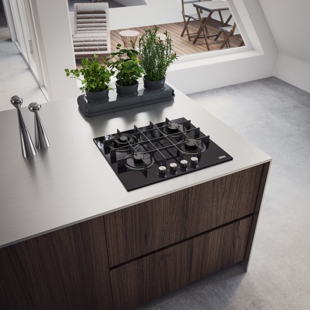 Franke FHMA 604 3G DC BK C Maris Piano cottura a gas in vetro temprato nero, 4 fuochi, 59x51 cm, doppia corona, griglie in ghisa