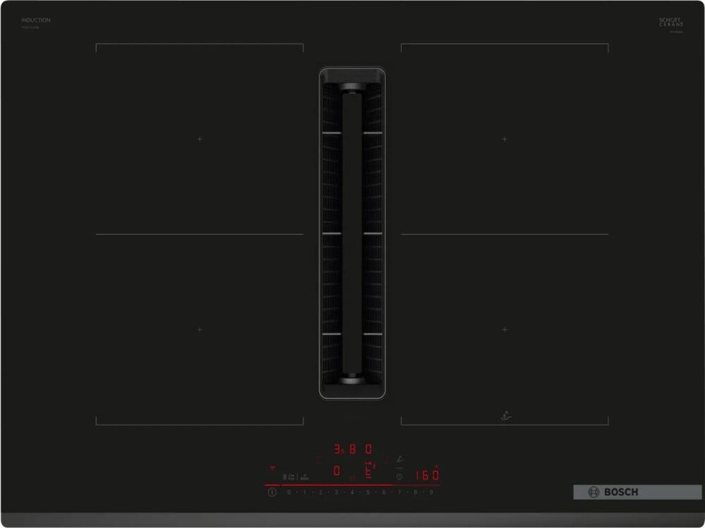 Bosch PVQ731H26E serie 6 Piano cottura a induzione con cappa integrata, cm. 71, 4 zone, estrazione 500 m³/h, Home connect, vetroceramica nero