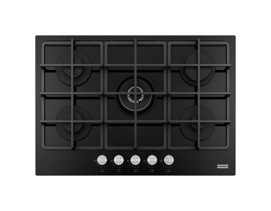 Franke FHSM 755 4G DC BK C Smart Piano cottura a gas 5 fuochi, vetro temprato nero, 73x51 cm, doppia corona