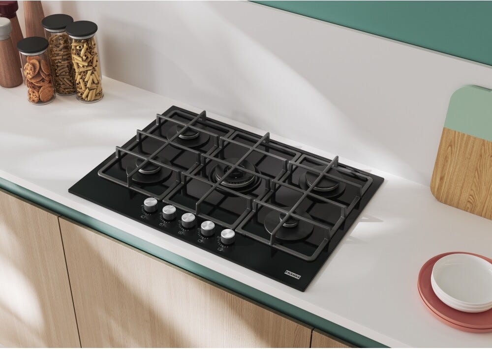 Franke FHSM 755 4G DC BK C Smart Piano cottura a gas 5 fuochi, vetro temprato nero, 73x51 cm, doppia corona