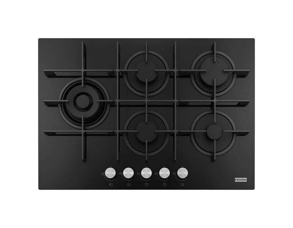 Franke FHMA 755 4G DCL BK C Maris Piano cottura a gas 5 fuochi, 73x51 cm, vetro temperato nero, doppia corona laterale, griglie in ghisa