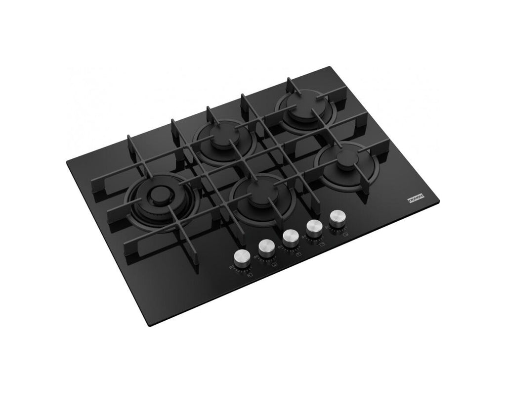 Franke FHMA 755 4G DCL BK C Maris Piano cottura a gas 5 fuochi, 73x51 cm, vetro temperato nero, doppia corona laterale, griglie in ghisa