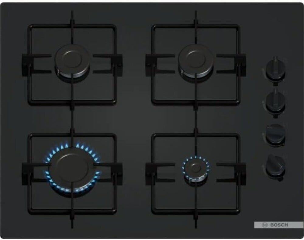 Bosch POP6B6K30 serie 2 Piano cottura a gas, 60 cm, 4 fuochi, griglie individuali in acciaio, vetro temperato, nero