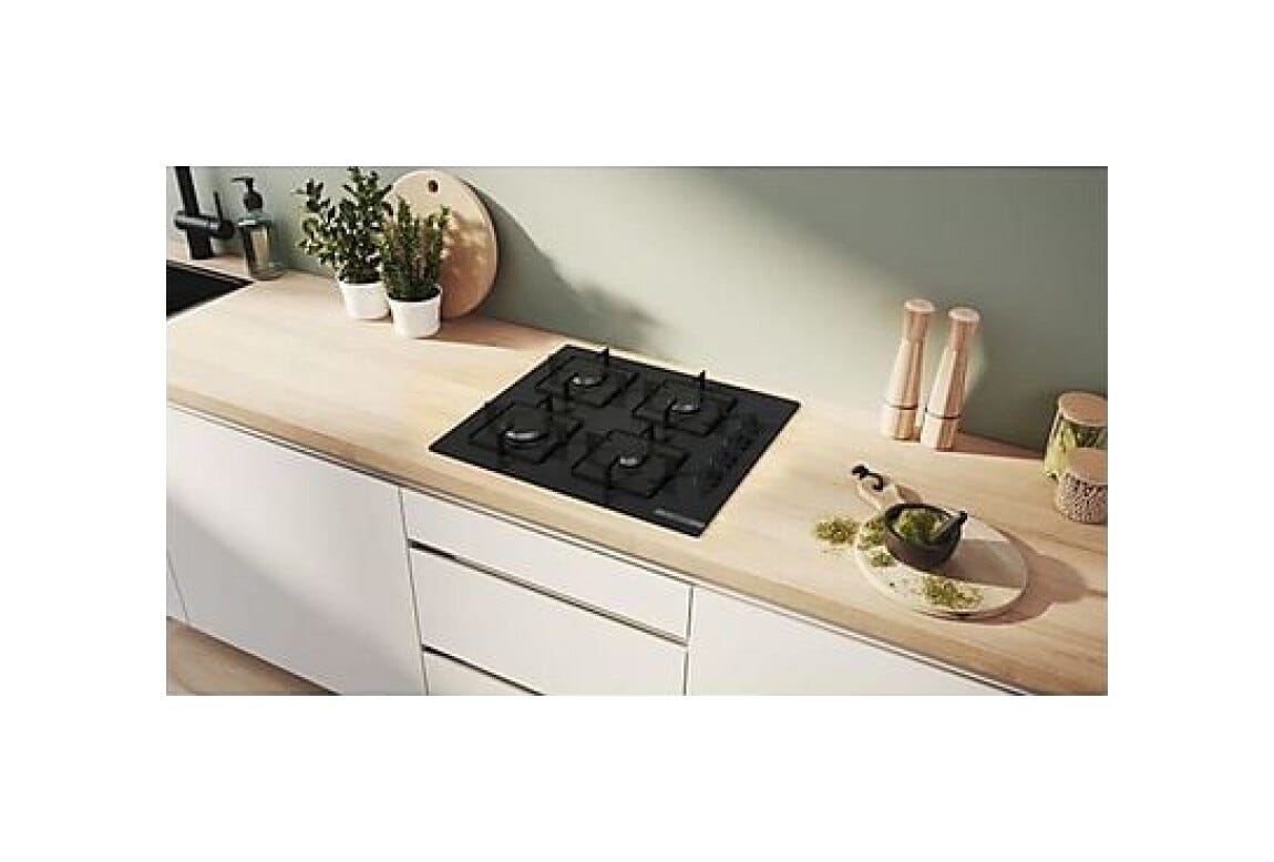 Bosch POP6B6K30 serie 2 Piano cottura a gas, 60 cm, 4 fuochi, griglie individuali in acciaio, vetro temperato, nero