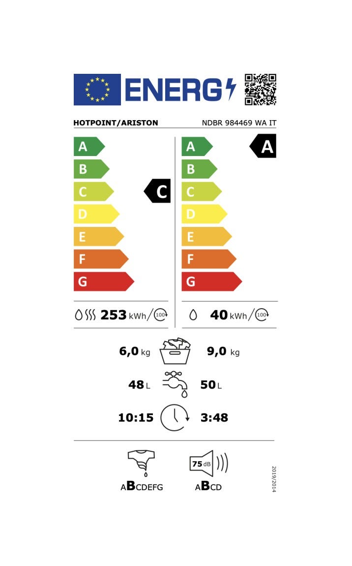 Hotpoint Ariston NDBR 984469 WA IT Lavasciuga, 9 kg lavaggio, 6 kg asciugatura, motore inverter, bianco