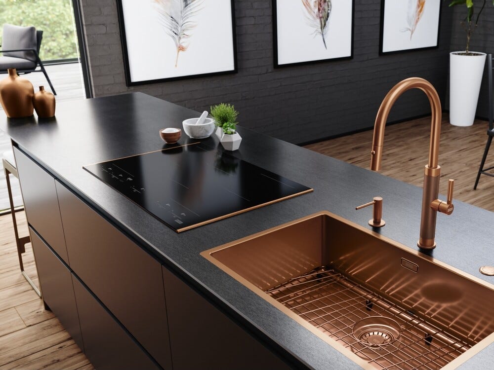 Franke FMY 805 I F KL CP Mythos Masterpiece Piano cottura a induzione 5 zone, 2 zone flexi, 77 x 51 cm, vetro nero con profilo rame, tecnologia k-link