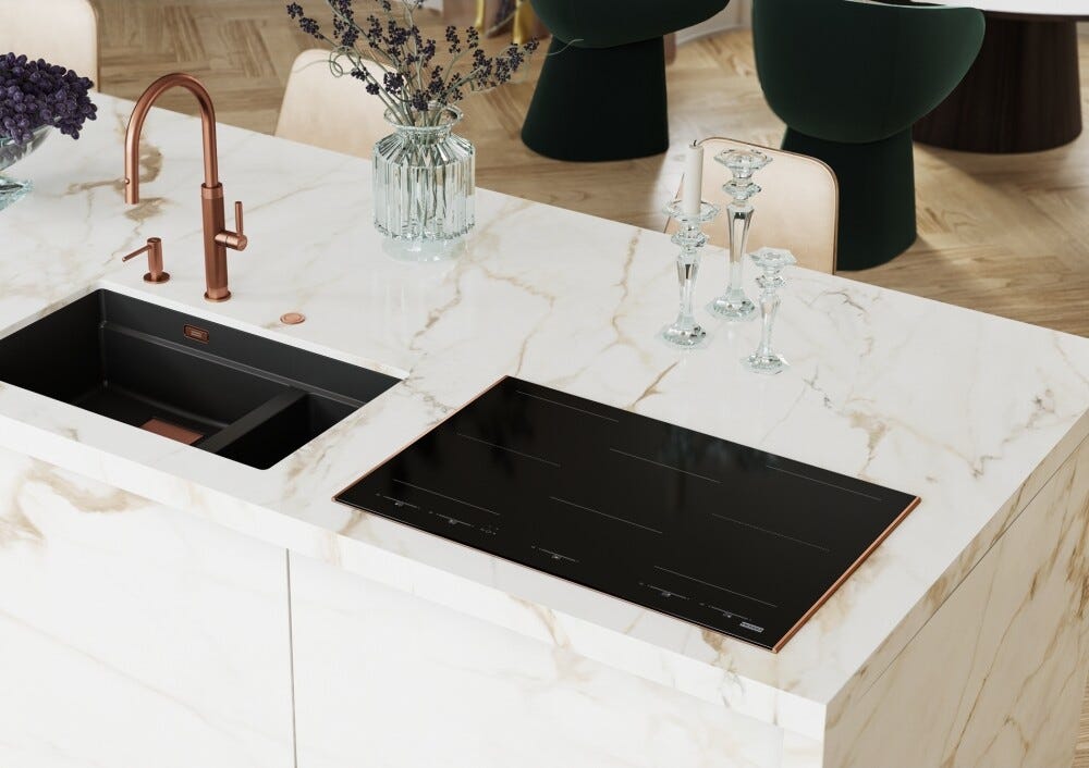 Franke FMY 805 I F KL CP Mythos Masterpiece Piano cottura a induzione 5 zone, 2 zone flexi, 77 x 51 cm, vetro nero con profilo rame, tecnologia k-link