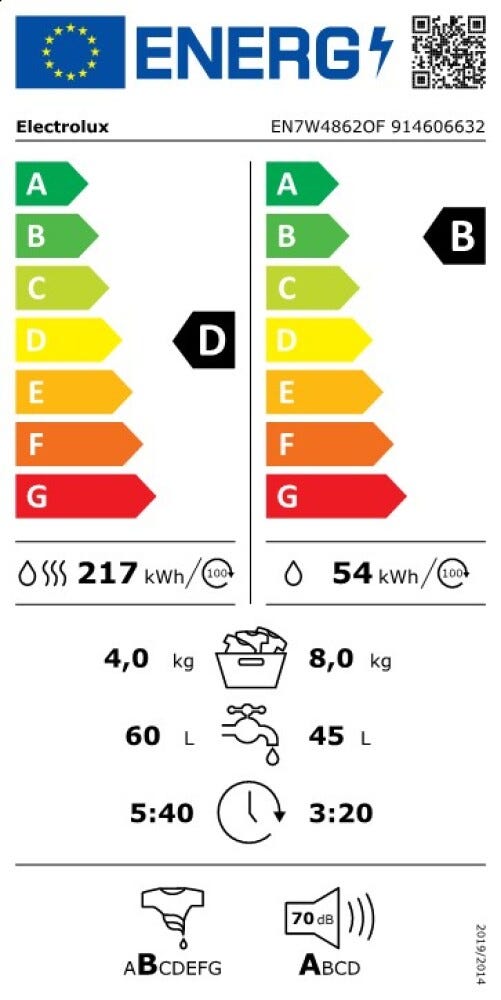 Electrolux EN7W4862OF Serie 700 DualCare Lavasciuga da incasso, 8/4 kg, 1600 rpm, classe energetica B/D, bianco