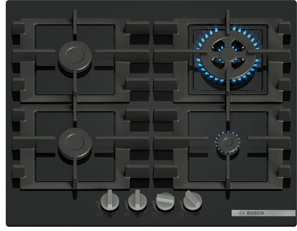 Bosch PNH6B6K40 serie 4 Piano cottura a gas, 60 cm, 4 fuochi, griglia separata, vetro temperato, nero