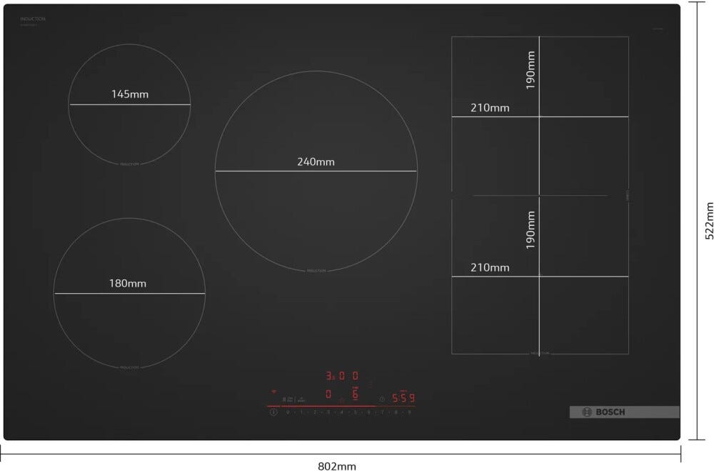 Bosch PVW81CHB1E serie 6 Piano cottura a induzione, 80 cm, 5 zone, comandi multitouch+ e home connect, vetroceramica nero paco