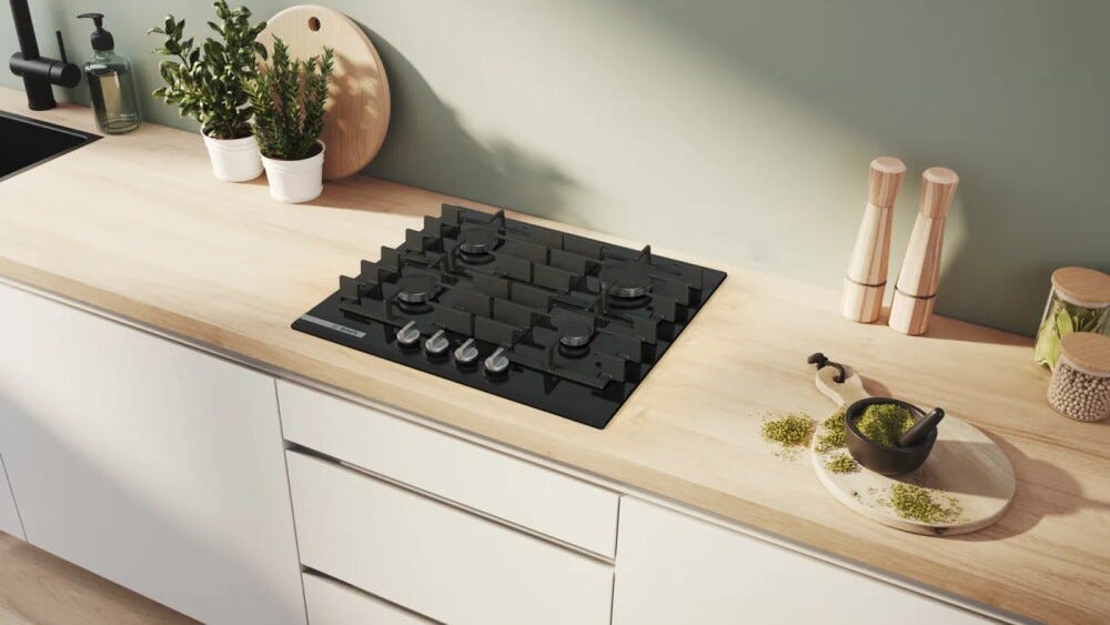 Bosch PRP6A6H40 serie 8 piano cottura a gas, 59 cm, 4 fuochi, griglie in ghisa, Home Connect, vetro temperato, nero