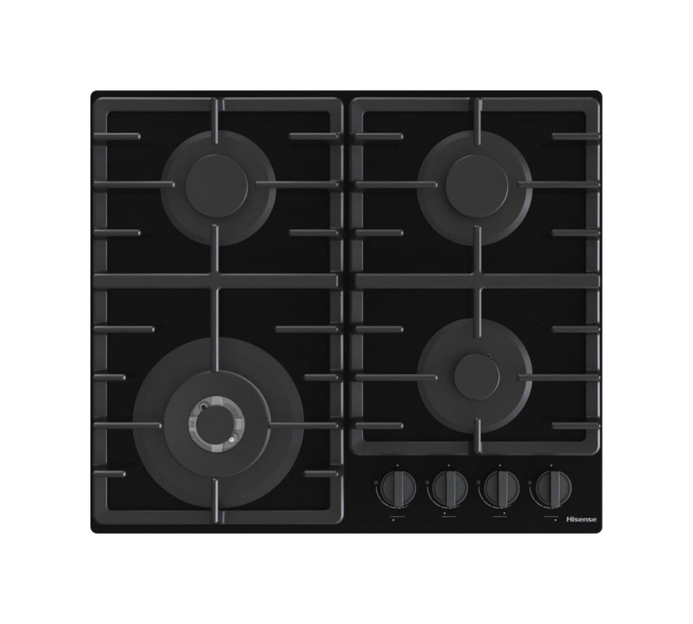 Hisense GG663BHF Piano cottura a gas 60 cm, 4 fuochi, griglie in ghisa, bruciatore Wok, nero