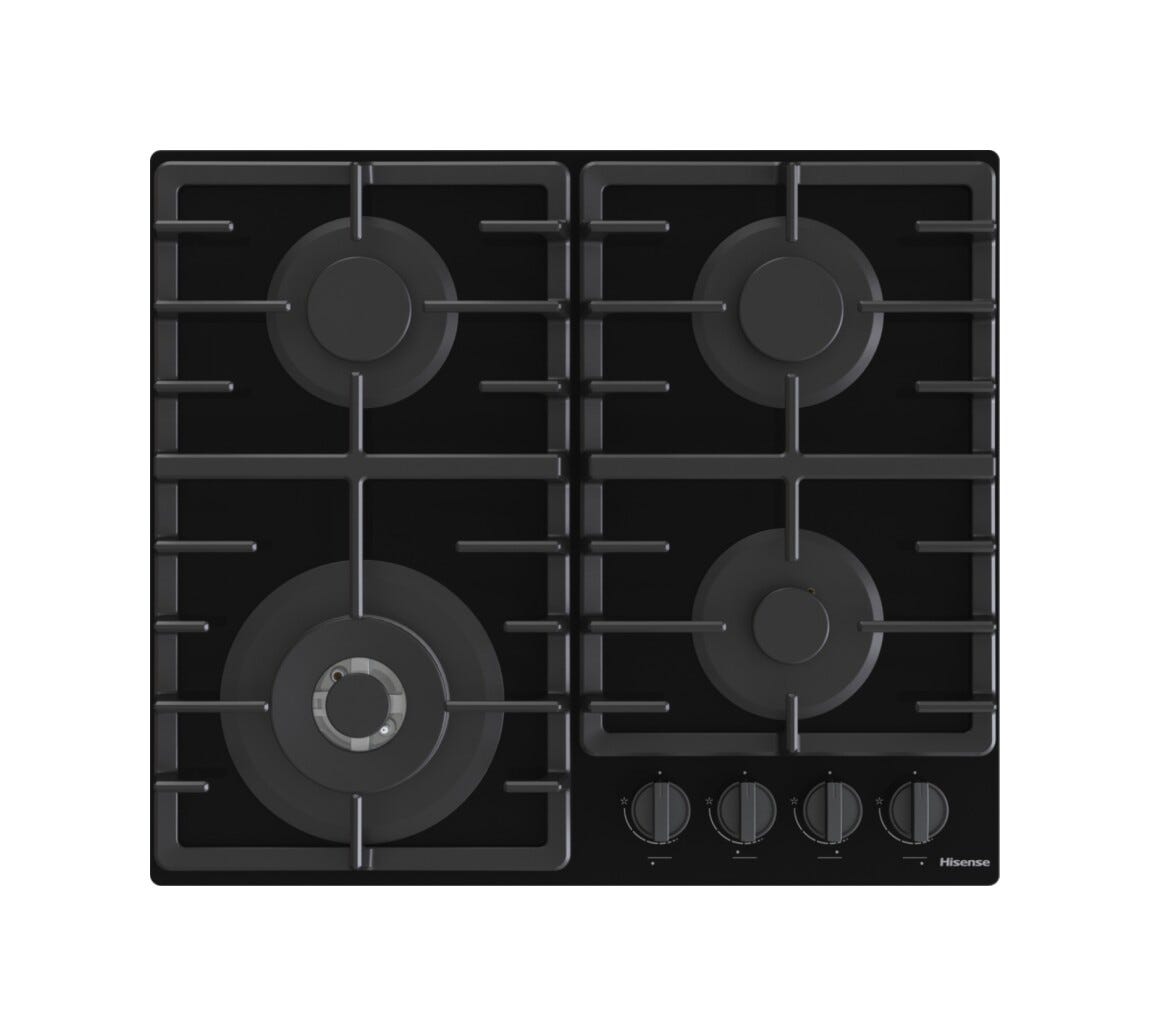Hisense GG663BHF Piano cottura a gas 60 cm, 4 fuochi, griglie in ghisa, bruciatore Wok, nero