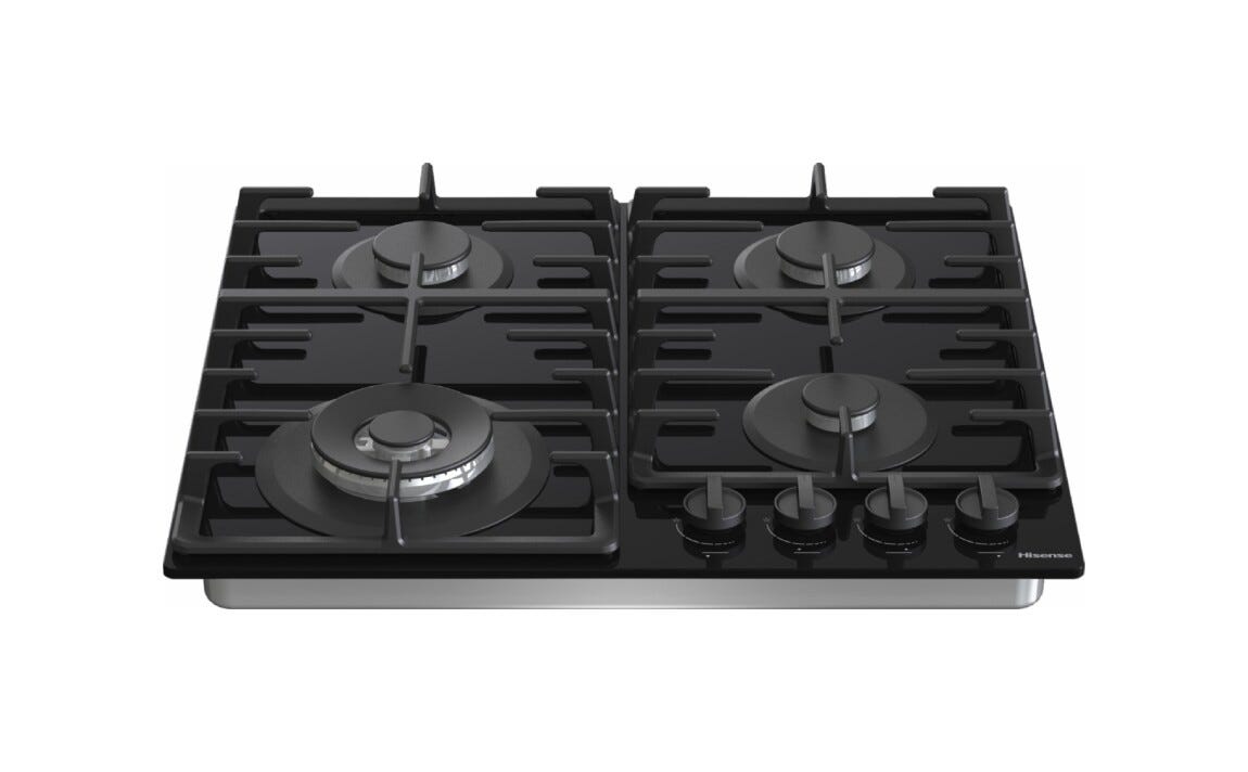 Hisense GG663BHF Piano cottura a gas 60 cm, 4 fuochi, griglie in ghisa, bruciatore Wok, nero