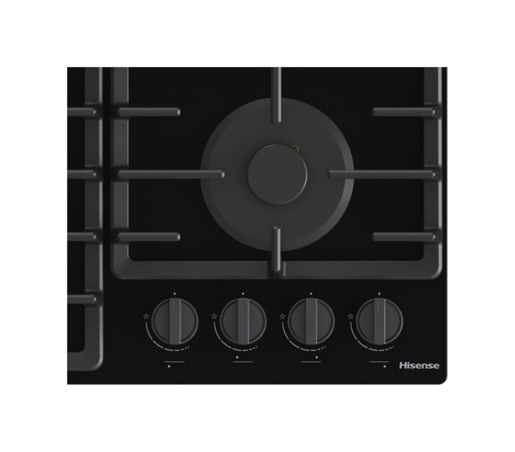 Hisense GG663BHF Piano cottura a gas 60 cm, 4 fuochi, griglie in ghisa, bruciatore Wok, nero