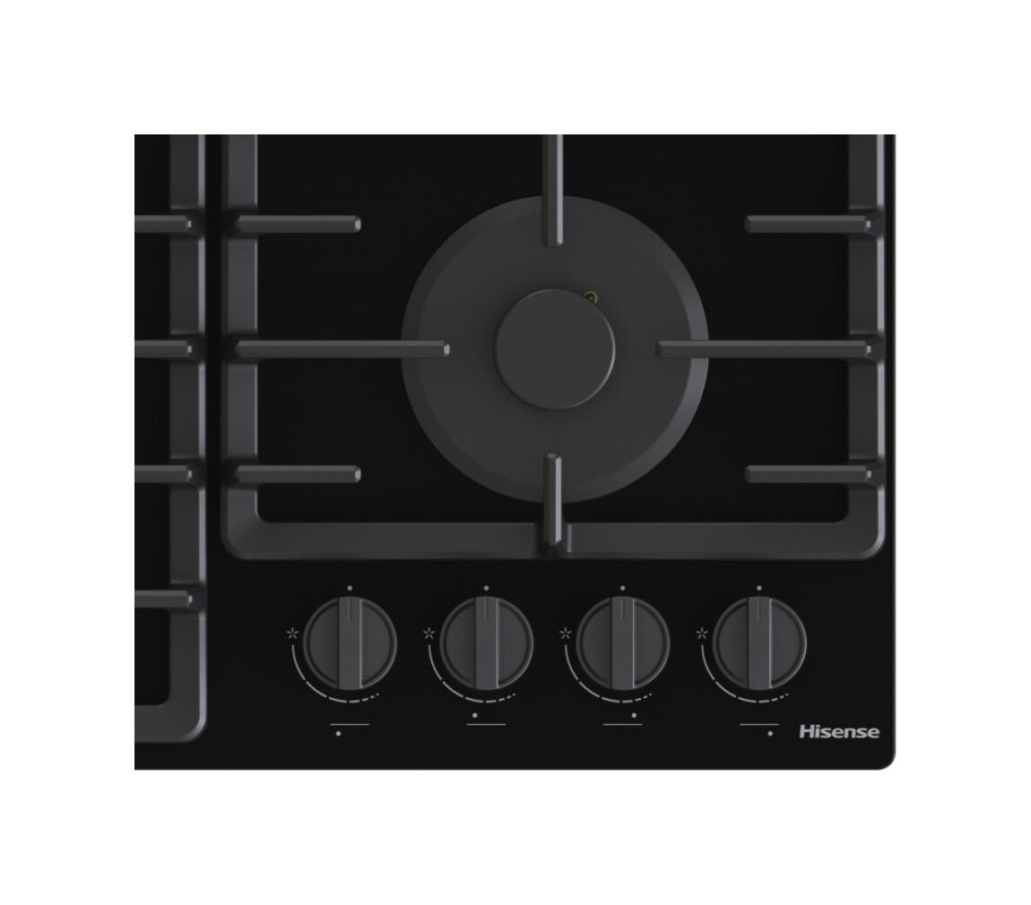 Hisense GG663BHF Piano cottura a gas 60 cm, 4 fuochi, griglie in ghisa, bruciatore Wok, nero