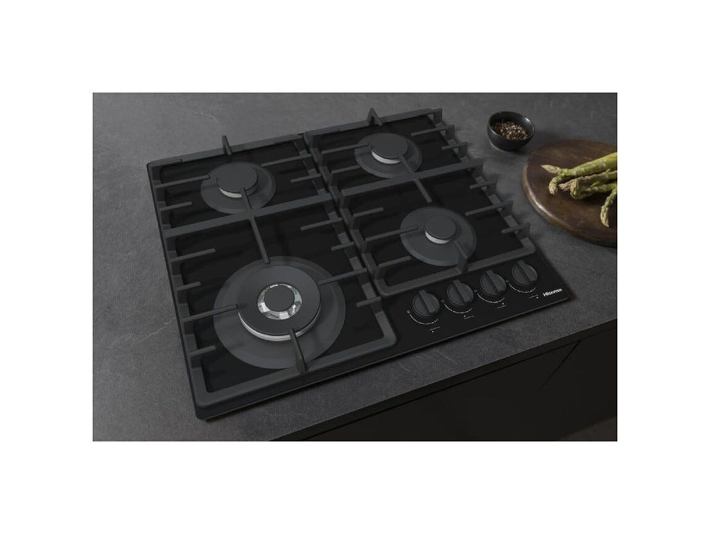 Hisense GG663BHF Piano cottura a gas 60 cm, 4 fuochi, griglie in ghisa, bruciatore Wok, nero