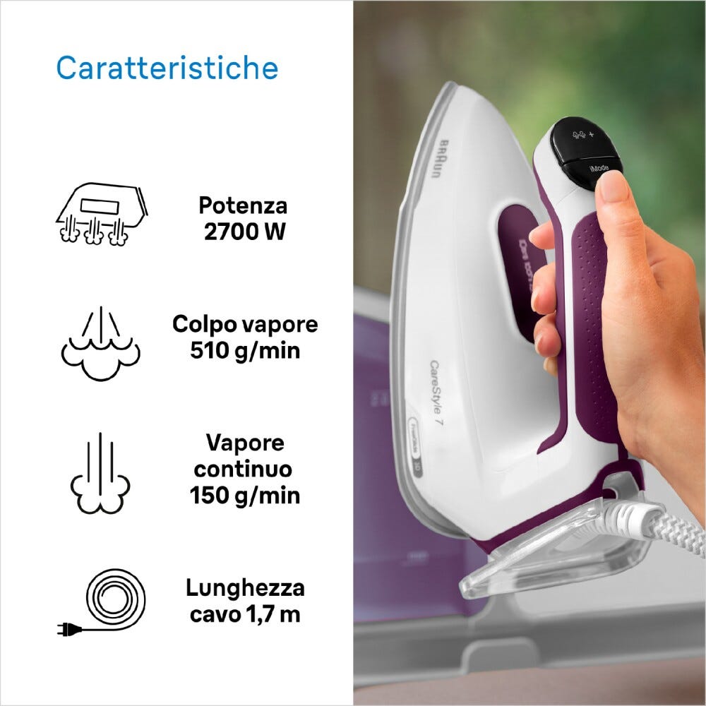 Braun IS7266VI Sistema stirante ergonomico con display digitale e piastra scorrevole.