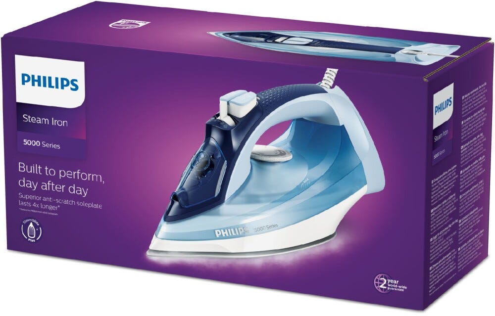 Philips DST5030/20 Ferro da stiro a vapore con piastra SteamGlide Plus per prestazioni durature e facile pulizia.