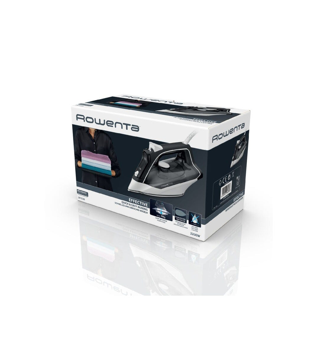 Rowenta DX1530 Ferro a vapore con funzione Autosteam e piastra in acciaio inox antigraffio per una stiratura efficiente e precisa.