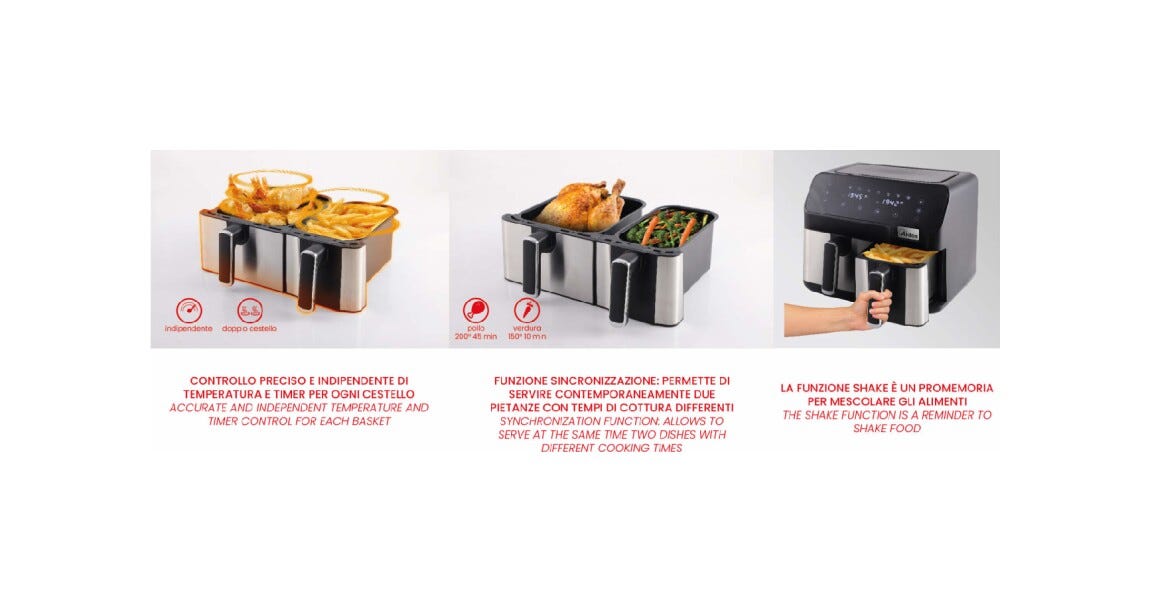 Ardes ARFRYA03D Friggitrice ad aria Eldorada Dual con doppio cestello, capacità 9L, 8 programmi preimpostati e tecnologia Rapid Air.