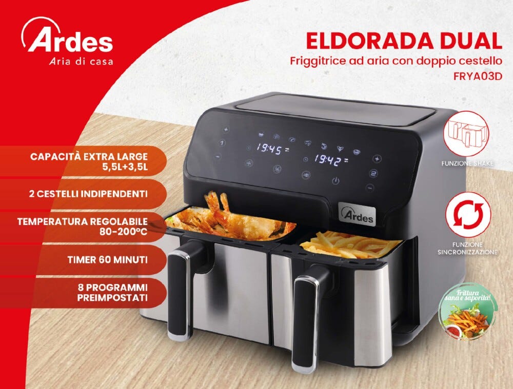 Ardes ARFRYA03D Friggitrice ad aria Eldorada Dual con doppio cestello, capacità 9L, 8 programmi preimpostati e tecnologia Rapid Air.