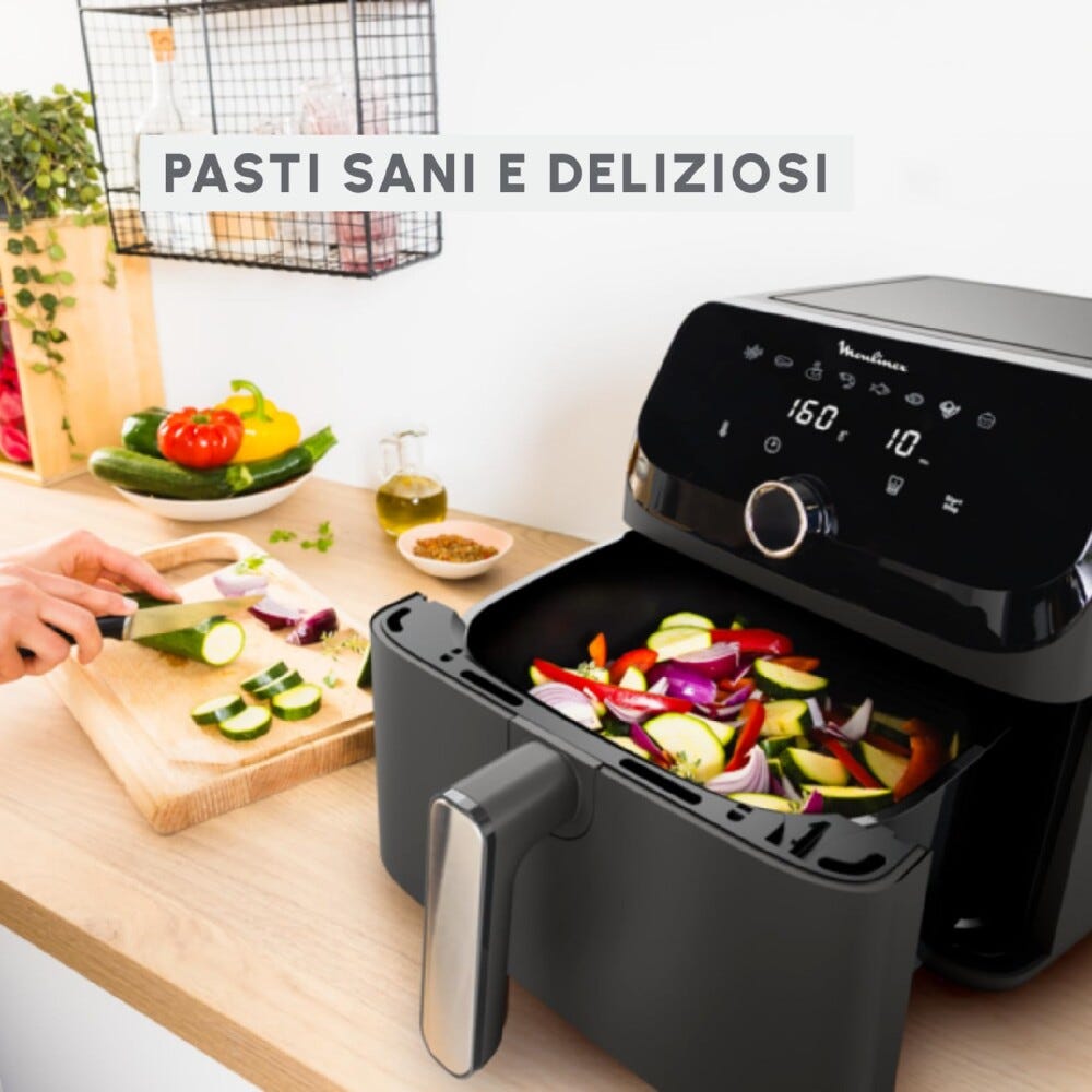 Moulinex EZ855H Friggitrice ad aria extra-large per 8 persone, 7,5L, 8 programmi preimpostati, facile da usare e pulire.